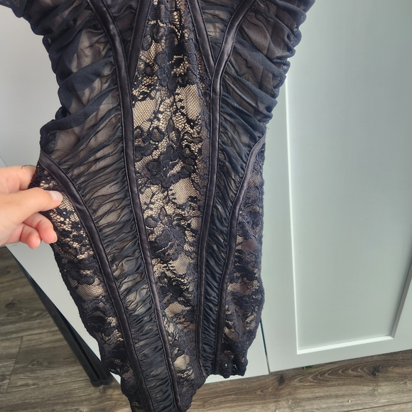 BEBE Black Beige Laca V Neck Bodycon Mini Dress Small Stretchy - Picture 7 of 12